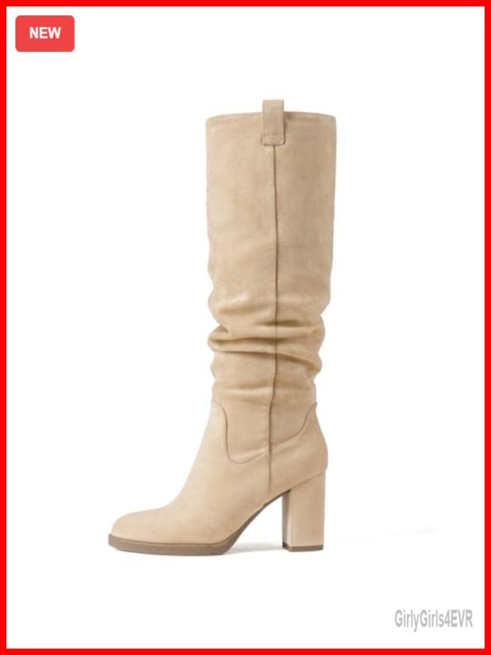 Faux Suede Knee High Boots Chunky Block Heel Slouch Side Zip